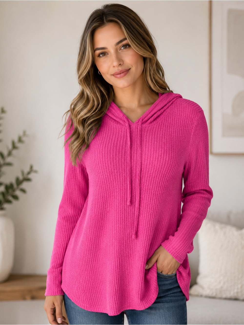 Casual Couture Pink Ribbed Knit Hooded Tunic Top Soft Stretch Long Sleeve Large